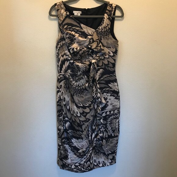 London Times Women's Metallic Peacock Print Cascading Ruffle Midi Dress Size 8 - Picture 2 of 11